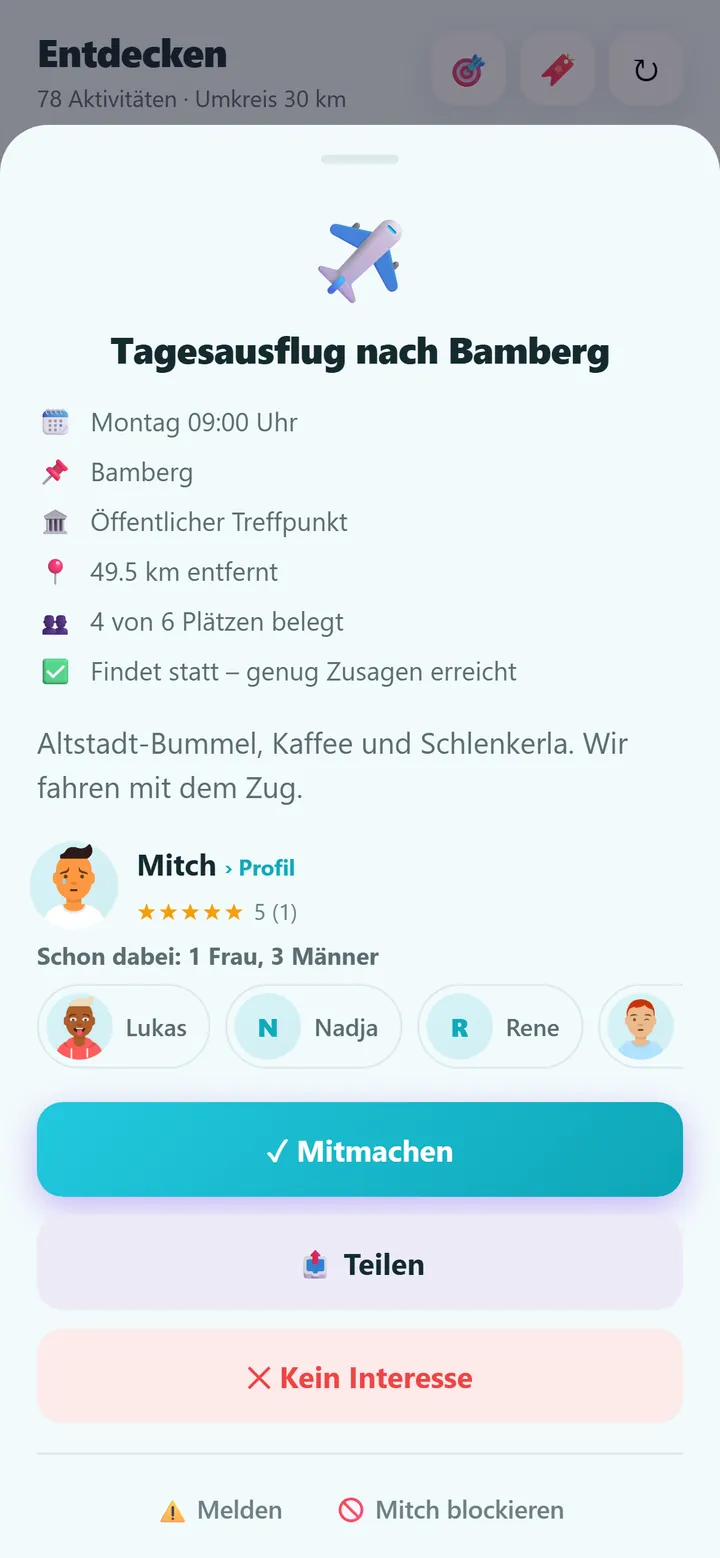 Detailansicht einer Aktivität mit Treffpunkt, Plätzen und Teilnehmenden