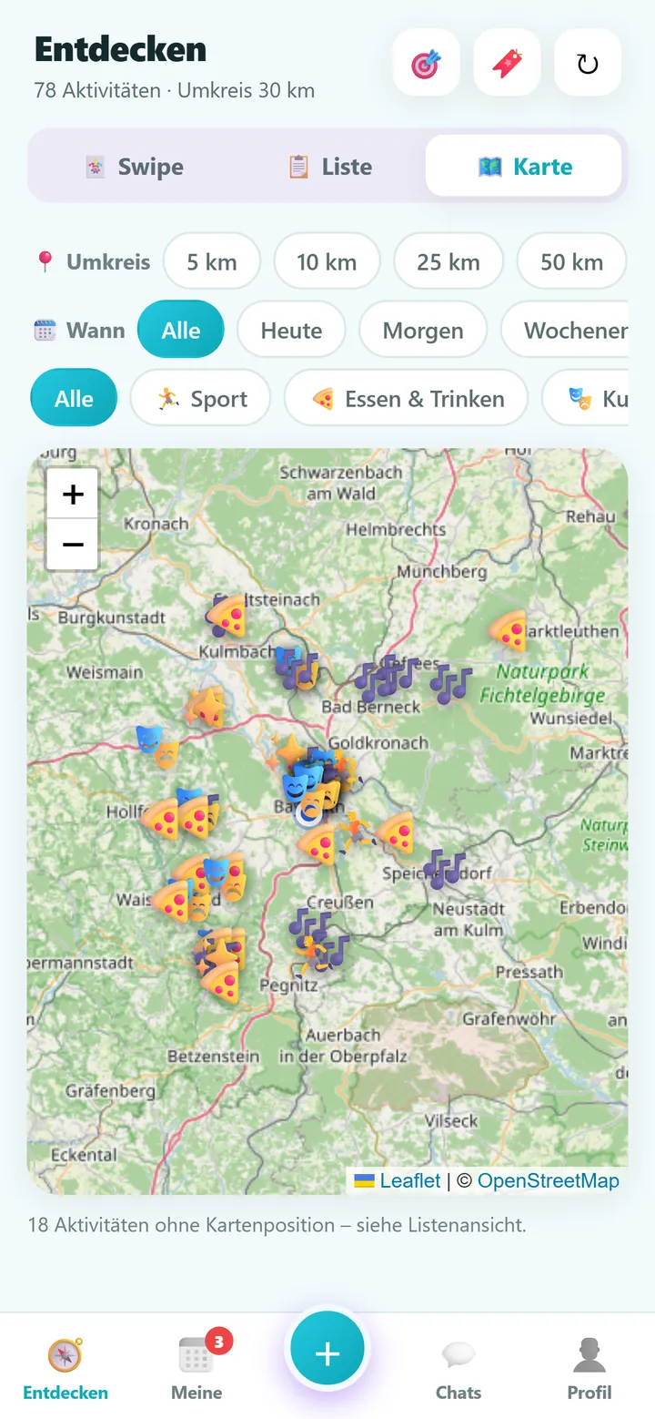 Kartenansicht mit Aktivitäten rund um Bayreuth