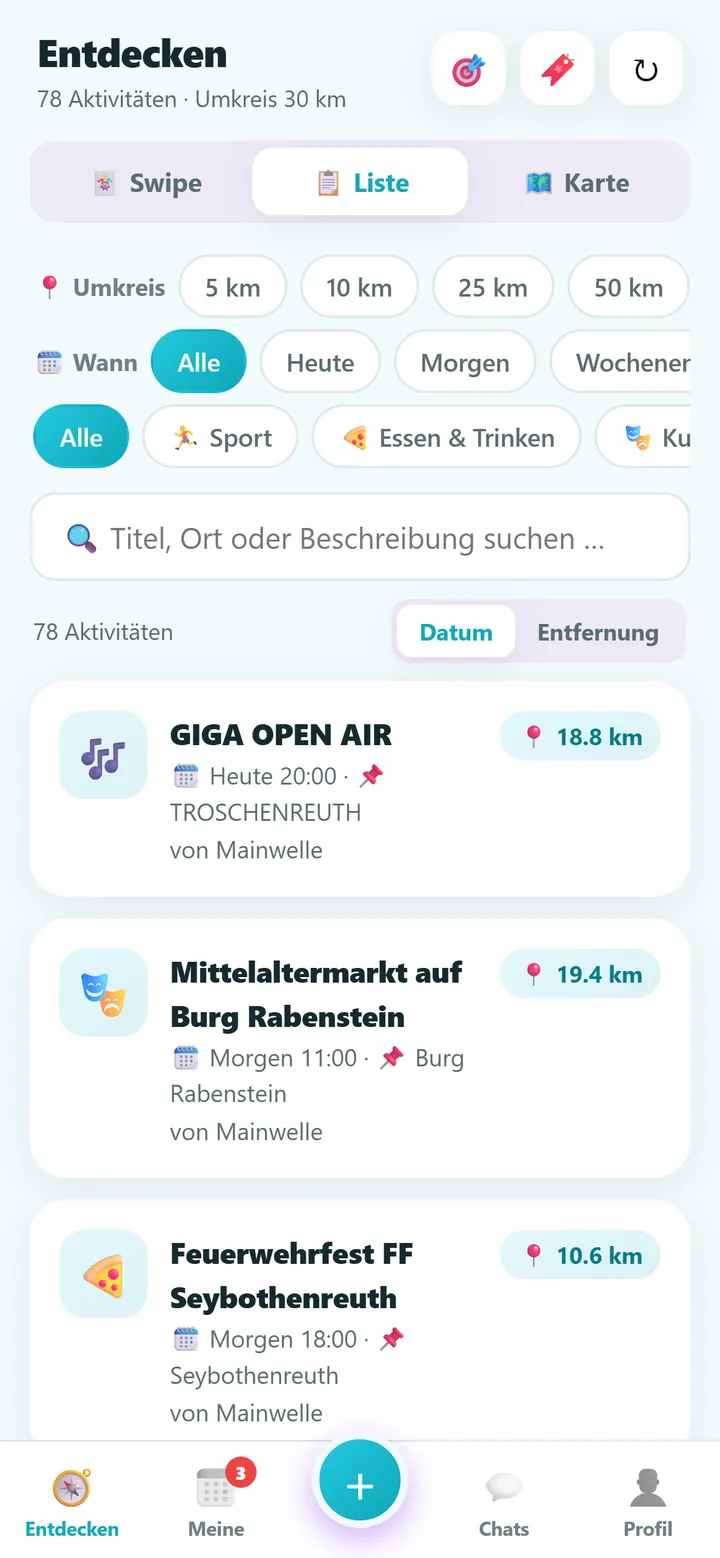 Listenansicht mit Aktivitäten, sortiert nach Datum oder Entfernung